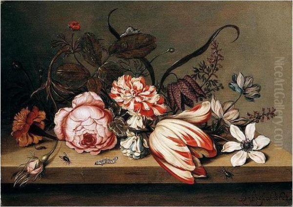 A Still Life Of A Rose, Tulip, 
Marigold, Columbine And Anemone, With Caterpillars And Flies On A Table 
Top Oil Painting by Ambrosius the Younger Bosschaert