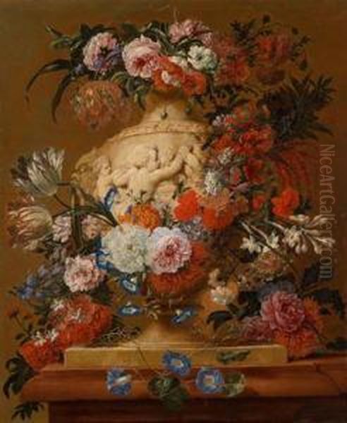 Ein Paar Blumenstilllebenin Skulptierten Steinvasen Oil Painting by Jan-baptist Bosschaert