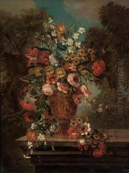 Tulips, Chrysanthemums, 
Convolvulus, Camelias, Clematis And Other Flowers In A Sculpted Urn, On A
 Stone Ledge, In A Landscape Oil Painting by Jan-baptist Bosschaert