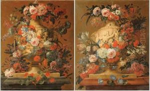 Natures Mortes Aux Fleurs Sur Un Entablement Avec Vases Et Amours En Grisaille Oil Painting by Jan-baptist Bosschaert