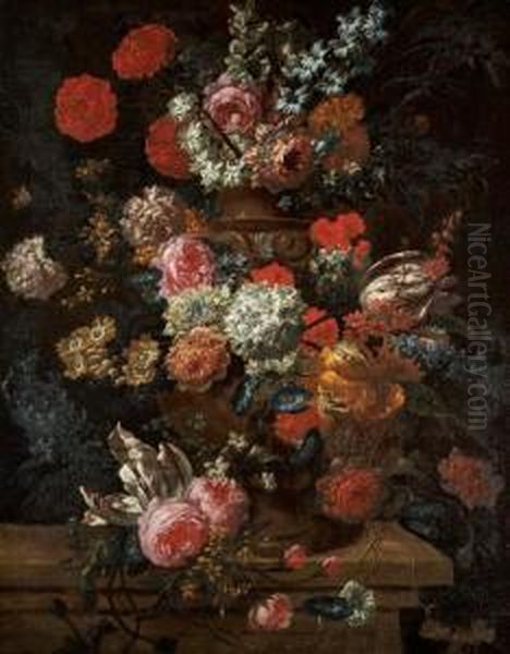 Still Life With Tulips, Roses, Carnations And Other Flowers Inan Urn Oil Painting by Jan-baptist Bosschaert