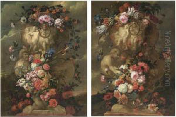 A Pair Of Still Lifes Of 
Elaborate Sculpted Urns Decorated With Carnations, Parrot Tulips, 
Irises, Morning Glory And Other Flowers Oil Painting by Jan-baptist Bosschaert