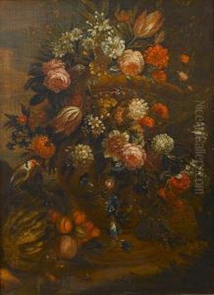 A Still Life Of Roses, Tulips, 
Carnations, Narcissi And Other Flowers In A Stone Urn With A Melon, 
Peaches, Pear, Pomegranate, A Butterfly, A Snail And A Goldfinch Oil Painting by Jan-baptist Bosschaert