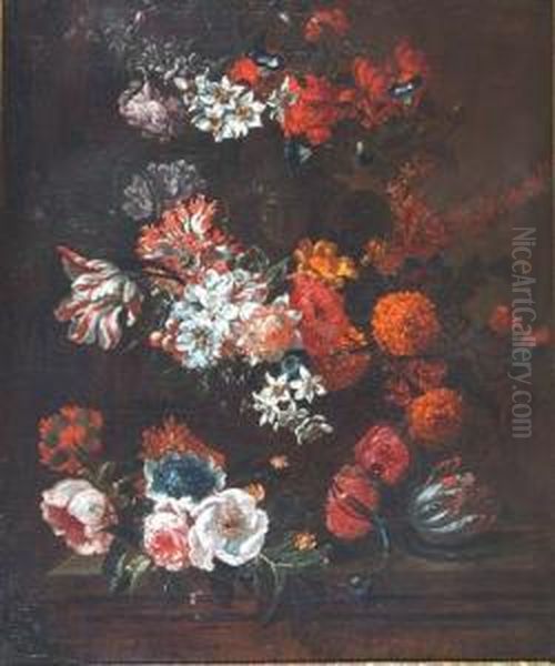 Still Lives - Mixed Flowers On A Stone Ledge Oil Painting by Jan-baptist Bosschaert