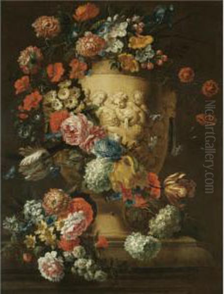 A Still Life With A Sculpted Urn
 Depicting Carousing Putti, Decorated With A Garland Of Flowers Oil Painting by Jan-baptist Bosschaert