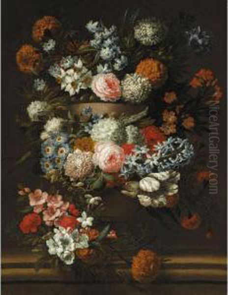 A Still Of Flowers In A Stone Urn, Including Roses And Chrysanthemums Oil Painting by Jan-baptist Bosschaert