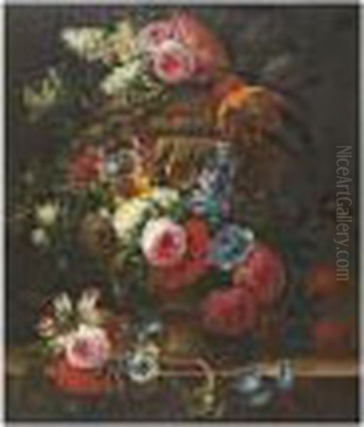 Un Bouquet De Fleur Dans Une Urne Posee Sur Un Entablement Oil Painting by Jan-baptist Bosschaert