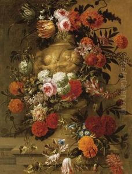 Flowers In A Terracotta Vase On A Stone Ledge Oil Painting by Jan-baptist Bosschaert