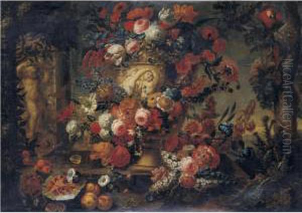 Still Life Of Flowers In A 
Sculpted Vase Resting On A Stone Ledge With Fruit, A Parrot And A 
Fountain With A Putto And Dolphin, In A Landscape Oil Painting by Jan-baptist Bosschaert