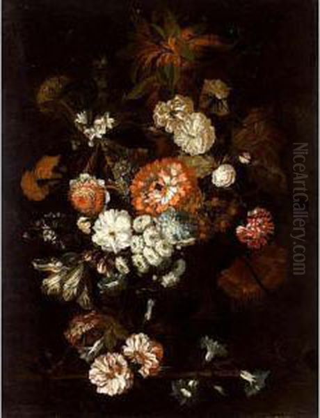 A Still Life Of Roses, 
Carnations, Anemonies And Other Flowers, All In A Vase On A Wooden Ledge Oil Painting by Jan-baptist Bosschaert