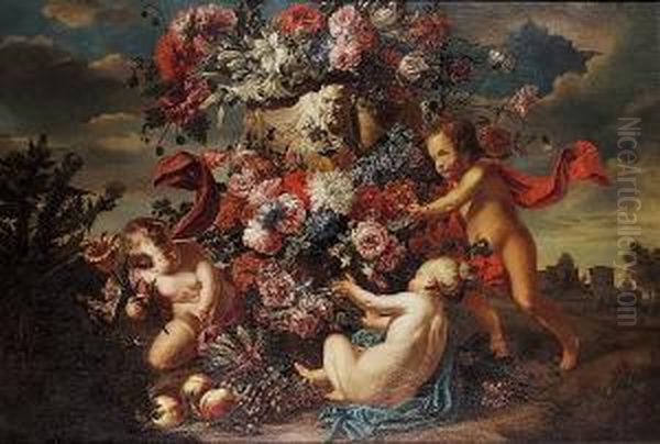 Putti Decorating A Carved Stone Urn With Flowers In A Landscape Oil Painting by Jan-baptist Bosschaert