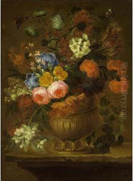 A Still Life With Cabbage Roses,
 Peonies, An Opium Poppy, Tulips, Snow Balls, Marigold And Other Flowers
 In A Sculpted Vase On A Wooden Table, Together With A Painted Lady, A 
Red Admiral And Another Butterfly Oil Painting by Jan-baptist Bosschaert