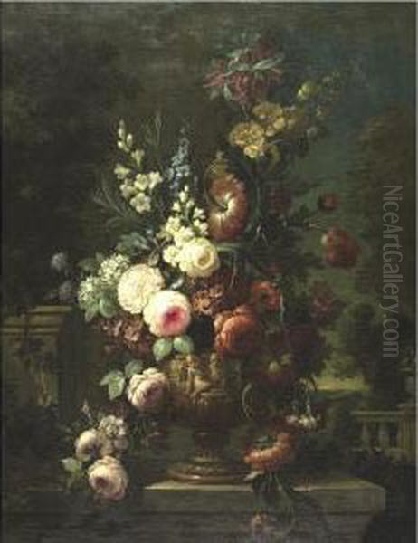 Still Life Of Flowers In An Elaborate Urn On A Marble Ledge Oil Painting by Jan-baptist Bosschaert