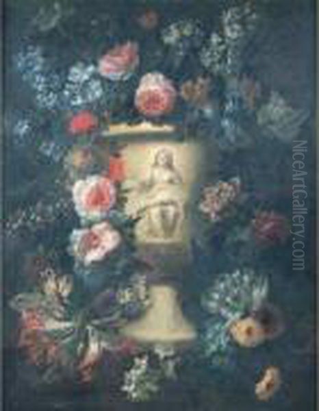 Guirlande De Fleurs Entourant Un Vase Oil Painting by Jan-baptist Bosschaert