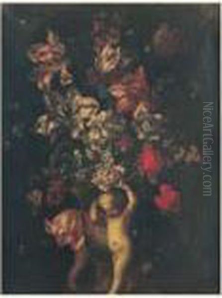 Bouquet De Fleurs Et Putti Oil Painting by Jan-baptist Bosschaert