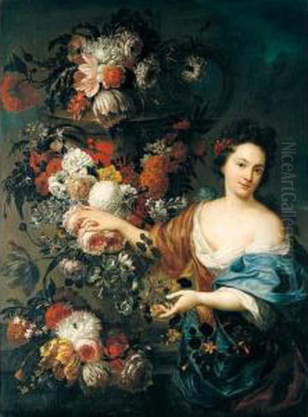 A Still Life Of Roses, 
Hyacinths, Tulips, Morning Glory, And Chrysanthemums Adorning A Stone 
Urn And Ledge, Together With A Young Woman Oil Painting by Jan-baptist Bosschaert