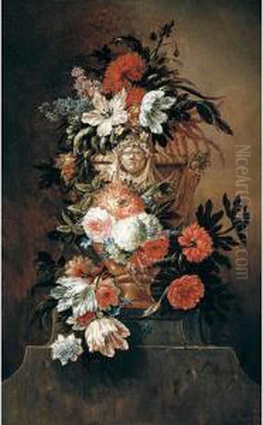 A Still Life Of Tulips, 
Chrysanthemums, Roses, Poppies And Stocks In A Sculpted Stone Urn Upon A
 Plinth Oil Painting by Jan-baptist Bosschaert