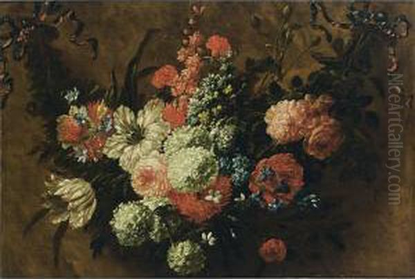 A Garland With Tulips, Roses, 
Snowballs, Hyacinths, Poppy Anemones, Buttercups, And Other Flowers, 
Tied With A Ribbon Oil Painting by Jan-baptist Bosschaert