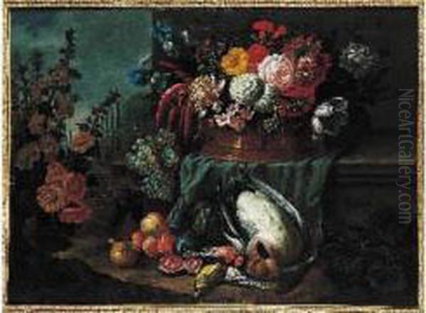 Nature Morte Au Panier De Fleurs, Fruits Et Gibier Dans Un Jardin E.t Oil Painting by Jan-baptist Bosschaert