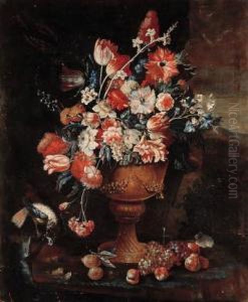 Flowers In A Gilt Urn With A Songbird And Fruit Strewn On Theground In A Landscape Oil Painting by Jan-baptist Bosschaert