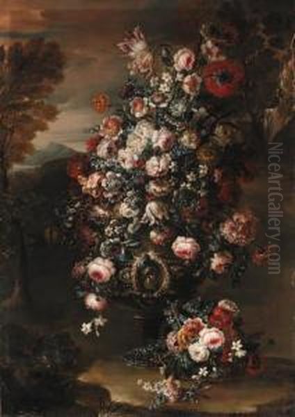 Roses, Parrot Tulips, Paeonies, 
Morning Glory And Other Flowers Inan Ornamental Silver Urn In A 
Landscape Oil Painting by Jan-baptist Bosschaert