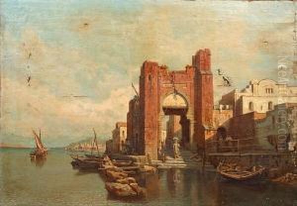 A Spanish (?) Coastal Town, With Figures Beneath A Moorish Arch Oil Painting by Francois Antoine Bossuet