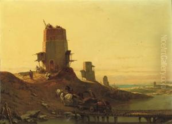 Arab Mills Along The Spanish Coast Oil Painting by Francois Antoine Bossuet