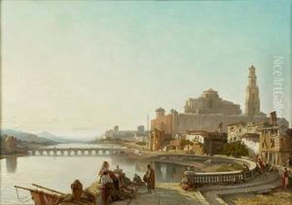 A View Of The Guadalquivir 
River, Cordoba, With The Roman Bridge And The Great Mosque In The 
Distance Oil Painting by Francois Antoine Bossuet