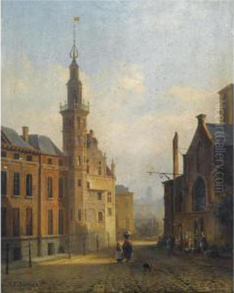 A Streetscene In A Sunlit Town Oil Painting by Francois Antoine Bossuet