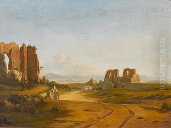 A Distant View Of The Claudian Aqueduct, Outside Rome Oil Painting by Francois Antoine Bossuet