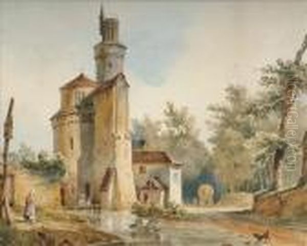 A Frenchriver Scene With Tower Oil Painting by Francois Antoine Bossuet