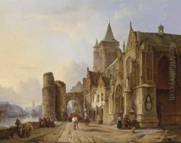 Figures In The Streets Of A Riverside Town Oil Painting by Francois Antoine Bossuet