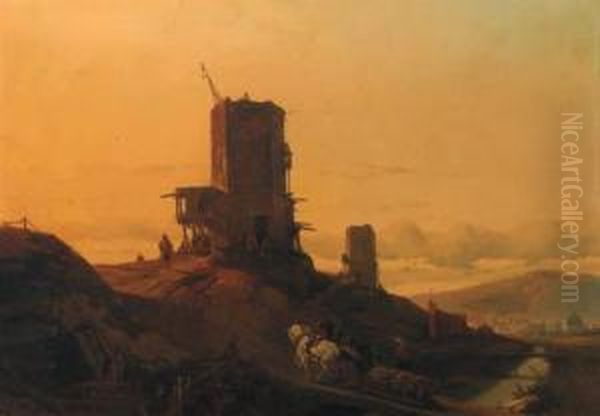 A Hill With An Arab Windmill Under Construction, A Town In Thedistance Oil Painting by Francois Antoine Bossuet