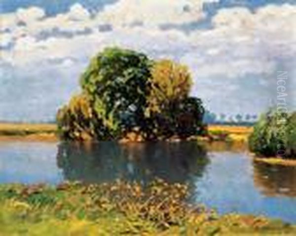 Summer Riverside Oil Painting by Istvan Stefan Bosznay /