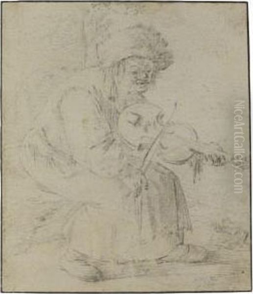 An Old Peasant Woman Playing The Violin Oil Painting by Andries Dirksz. Both