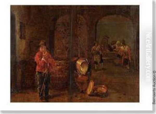 Scene D'auberge Avec Figure Pres Du Puits Et Cinq Autres Sous Un Arc. Oil Painting by Andries Dirksz. Both