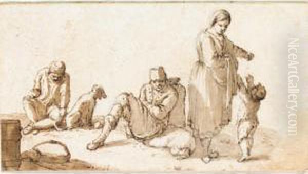 Four Peasants: Two Seated On The Ground With A Dog, And A Woman Playing With A Small Boy Oil Painting by Andries Dirksz. Both