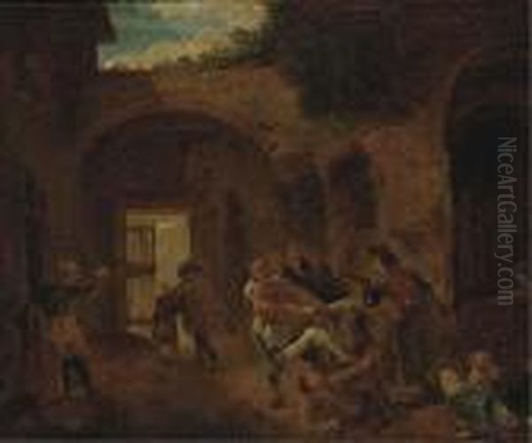 Peasants Skirmishing In An Alleyway Oil Painting by Andries Dirksz. Both