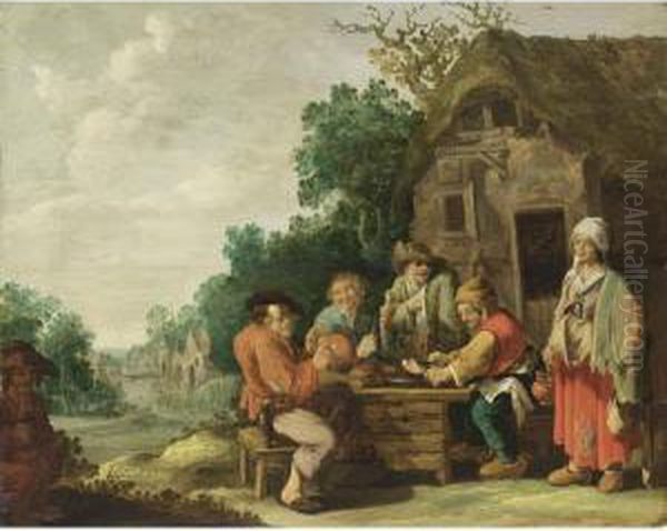 Peasants Eating And Drinking In Front Of An Inn, With A Maid Serving, A Village Beyond Oil Painting by Andries Dirksz. Both