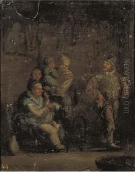 An Interior With A Family By A Spinning Wheel Oil Painting by Andries Dirksz. Both