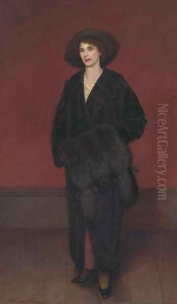 Portrait of a lady, full-length, in a black coat and fur muff Oil Painting by Harrington Bird