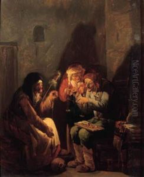 A Vanitas: An Old Man Seated On A
 Barrel Weighing Gold, An Oldpeasant And A Fortune-teller Holding A 
Candle Nearby, In Abarn Oil Painting by Andries Dirksz. Both