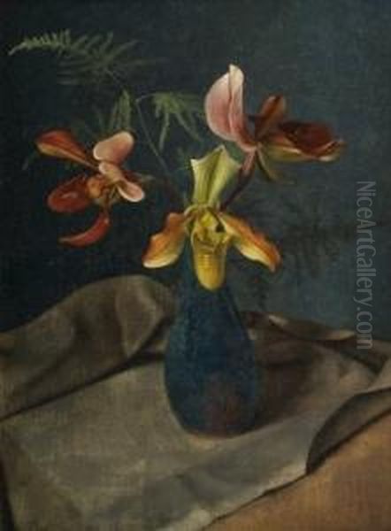 Orchideen In Blauer Vase. Oil Painting by Herbert Bottger