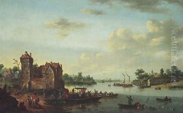 River landscape with an elegant couple in a carriage on a ferry Oil Painting by Johann Baptiste Bouttats