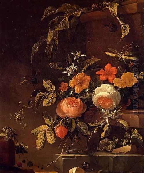 Flowers In A Landscape With A Lizard Oil Painting by Elias van den Broeck