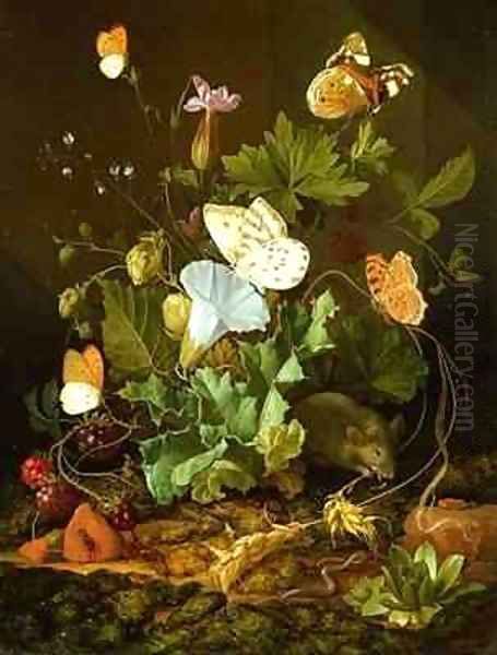 Still Life of a Forest Floor with Flowers, a Mouse and Butterflies Oil Painting by Elias van den Broeck