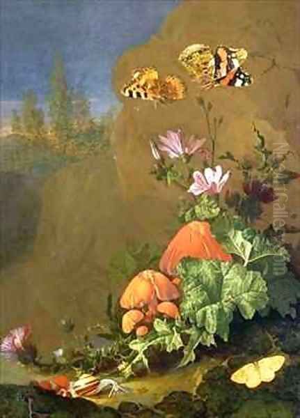 Still Life of Forest Floor with Flowers, Mushrooms and Snails Oil Painting by Elias van den Broeck