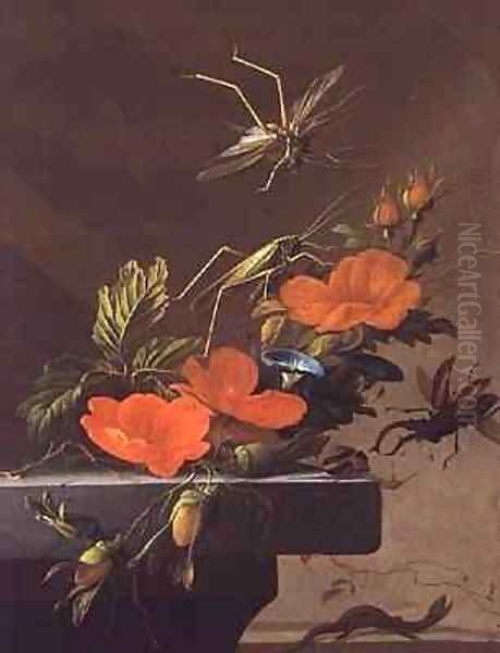 A Bouquet of Roses, Morning Glory and Hazelnuts with Grasshoppers, Stag Beetle and Lizard Oil Painting by Elias van den Broeck