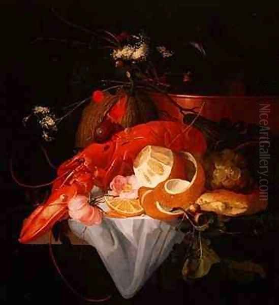 A Still Life with Lobster, Lemon and Grapes Oil Painting by Elias van den Broeck