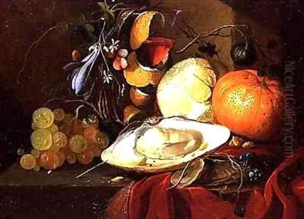 An oyster, a glass of wine and fruit on a table covered with a red velvet drape Oil Painting by Elias van den Broeck